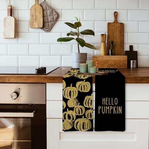Fall Hello Pumpkin Black Halloween Kitchen Towels and Dishcloths Sets of 2 (Gold Pumpkin)