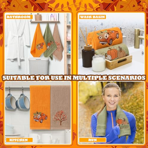 3 Pcs Fall Hand Towels for Bathroom 13.8 x 29.5 Inch Autumn Decorative Bath Towels Sets 100% Cotton Embroidered Pumpkin Maple Thanksgiving Bathroom Decor (Orange and Green / Pumpkin)