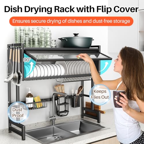 Over The Sink Dish Drainer Drying Rack 3 Tiers with Cover (Black / 33.4in)