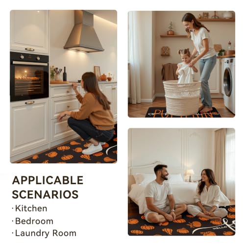 Fall Autumn Pumpkin Black Kitchen Rug Sets 2 PCs (Black / 17.3"x29"+17.3"x47"-0.4"H)