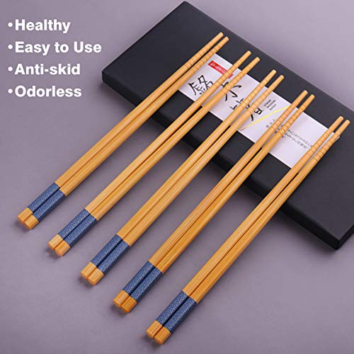 Reusable Chopsticks Japanese Natural Bamboo Classic Style 5 Pairs Lightweight Safe Chop Sticks 8.8 Inch (Blue Fish)