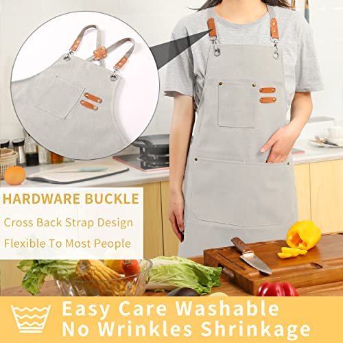 Canvas Cross Back Chef Cotton Aprons for Men Women with Large Pockets (Beige)