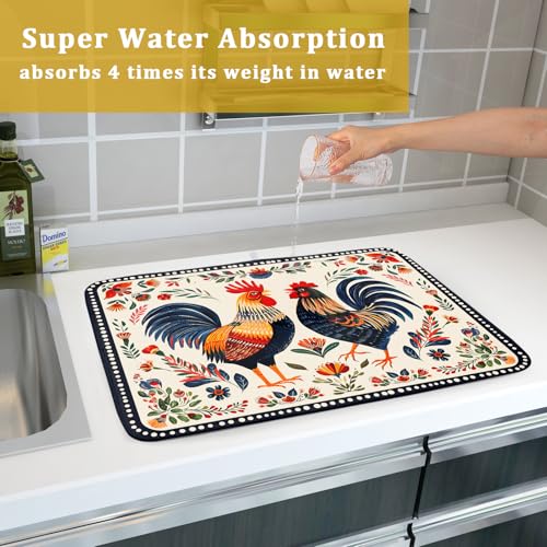 Rooster Poultry Dish Drying Mat for Kitchen Counter 18x24 Inch Microfiber Absorbent Colorful Printing Drying Pad (Chicken Art White / 24" x 18")