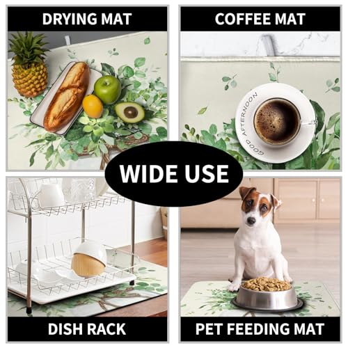 Spring Sage Green Leaves Dish Drying Mat for Kitchen Counter Eucalyptus Leaf Floral Mason Jar Dishes Drainer Mats Absorbent Microfiber Dish Draining Mat Reversible Dish Pad 16x18 Inch (Sage Green Leaves Vase / 16" x 18")