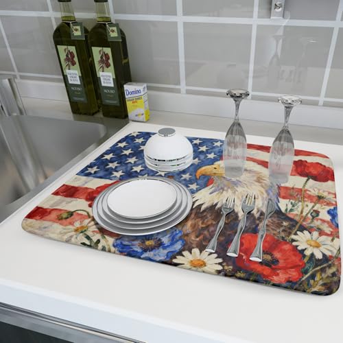 4th of July American Flag Eagle Dish Drying Mat for Kitchen Counter 18x24 Patriotic Floral Memorial Day Absorbent Reversible Microfiber Drying Mats Kitchen Countertop Protector Dishes Drainer Pad (18" x 24")
