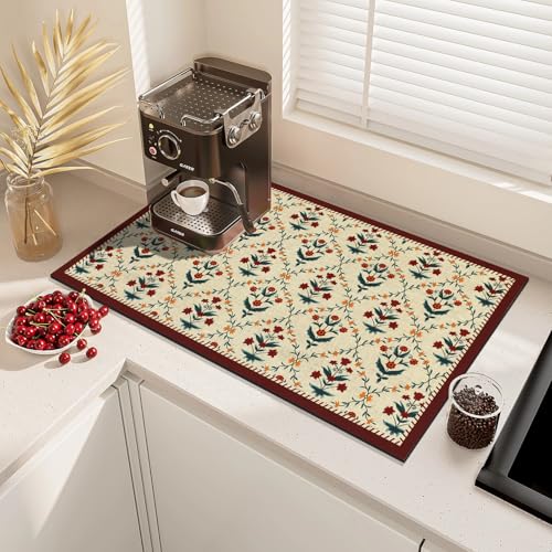 Coffee Mat Dish Drying Mat Hide Stain High Absorbent Bar Mat for Countertops Easy Clean (Vintage Small Flowers / 24" x 16")
