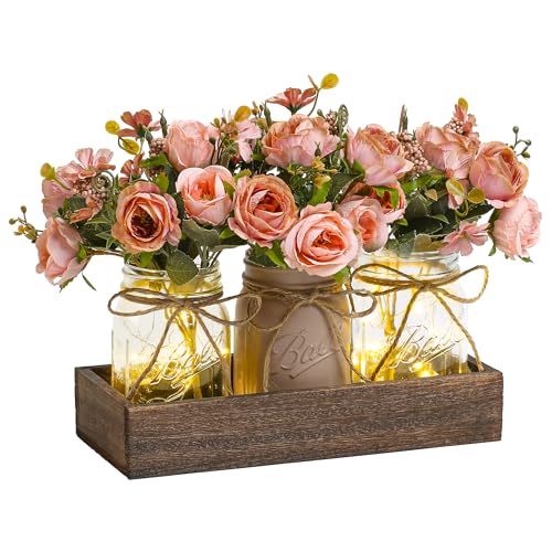 3 Pcs Mason Jar Centerpiece Table Decorations for Dining Table Decor Farmhouse Coffee Table Decor with Wood Tray and Led Light Table Centerpieces for Dining Room Kitchen Living Bathroom (Pink)