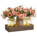 3 Pcs Mason Jar Centerpiece Table Decorations for Dining Table Decor Farmhouse Coffee Table Decor with Wood Tray and Led Light Table Centerpieces for Dining Room Kitchen Living Bathroom (Pink)