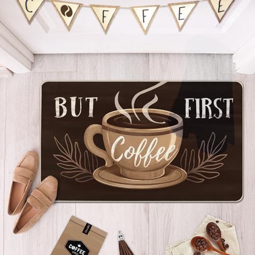 But First Coffee Themed Decorative Front Door Mat (2'8" x 4' (Rectangular) / Coffee)