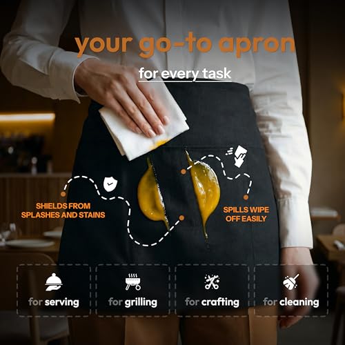 12 Pack Black Server Waist Aprons with 3 Pockets (Black Waist Apron - 12 Pack)
