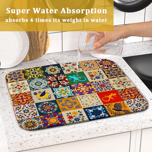 Mexican Tile Dish Drying Mat 16"x18" Talavera Boho Floral Print Dish Drainer Mats Rustic Ethnic Traditional Reversible Small Dish Drying Pad Protector for Kitchen Countertop Decor (18" x 16")