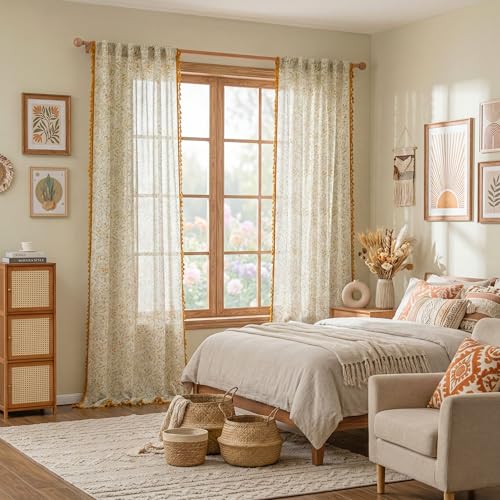 Floral Boho Linen Curtains 96 Inch Long 2 Panels Set with Yellow Tassels Farmhouse Semi Sheer Bohemian Spring Living (Yellow and Green / 50"W x 96"L (Pack of 2))