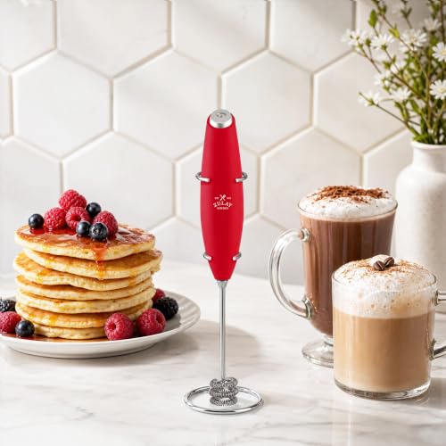 Powerful Milk Frother Wand With Duracell Batteries (Maroon Red / Triple Whisk + Batteries)