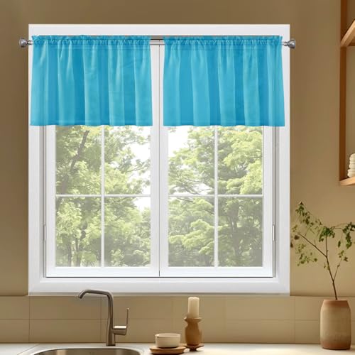 Basic Rod Pocket Sheer Voile Window Curtain Panels Cyan Blue 1 Pair 2 Panels 52 Width 18 Inch Long for Kitchen Bedroom Children Living Room Yard（Cyan Blue (Cyan Blue / 52"W x 18"L (Pack of 2))
