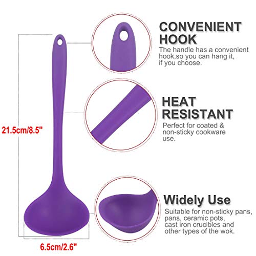 Silicone Soup Ladle Spoon 8.5 Inch Heat Resistant to 450°F One Piece Design Restaurant Kitchen Cooking Utensil for Serving Soup Purple (Purple)