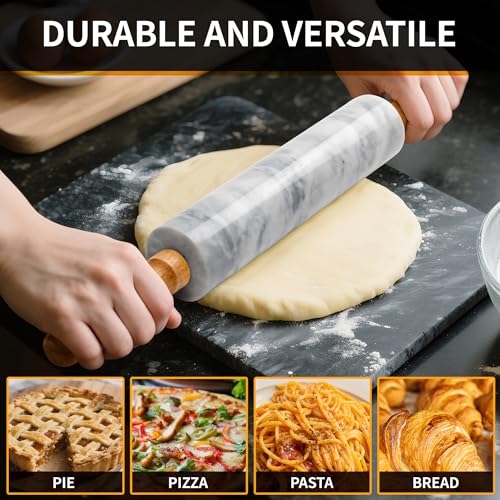 16.7 Inches Marble Rolling Pin for Baking with Wooden Handles & Wooden Cradle