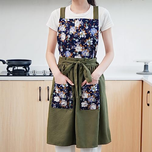 Vintage Pinafore Apron Dress for Women with Pockets Cute Floral Chef Aprons for Kitchen Cooking Baking Gardening (Olive Green)