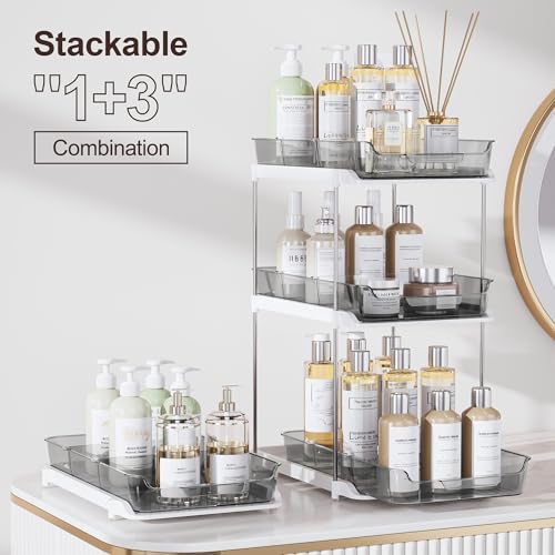 2-Tier Multi-Purpose Bathroom Under Sink Organizers and Storage, Stackable Kitchen Pantry Organization, Pull Out Medicine Cabinet Organizer with Movable Dividers, Grey, 2 Pack (Grey / 2 Pack)