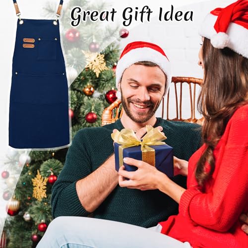 Chef Canvas Aprons with 3 Large Pockets Adjustable Strap for Men Women Blue (Blue)