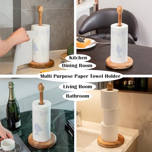 14.5" Paper Towel Holder Wood Acacia Wooden Paper Towel Holder Countertop Kitchen Paper Towel Roll 6.7" Large Heavy Base Free Standing Rustic Farmhouse Paper Towel Roll Holders (Light Brown (S))