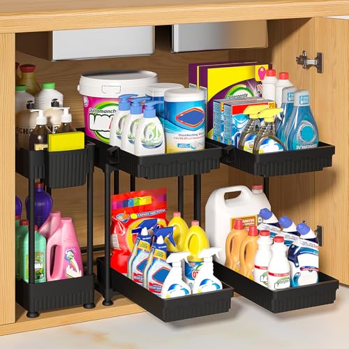 3-Pack 2-Tier Under Sink Organizers with Sliding Drawers (12.8 Inch / Black 2-Tier Sliding)