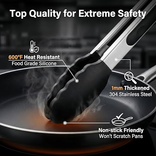 Mini Tongs with Silicone Tips (W125--3pcs-7Inch-Black tongs)