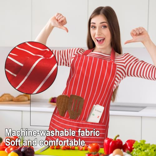 Adjustable Bib Apron with 2 Pockets Chef Cooking Kitchen Restaurant Aprons for Women Men (Red Wide)