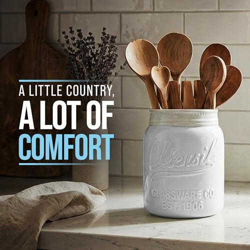 White Mason Jar Utensil Holder (White | Jar Utensil Holder)