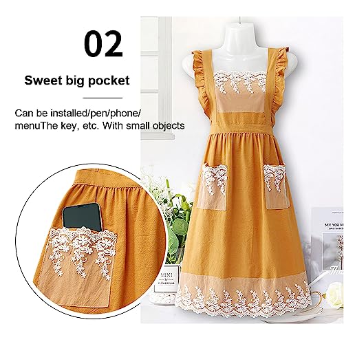 Cute Cotton Apron Frilly Lace Ruffle Adjustable Pinafore Apron Dress with Pockets for Cooking Baking Cleaning Gardening (Yellow)