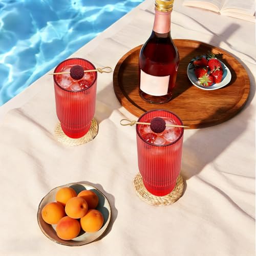 12 oz Ribbed Drinking Glasses Set of 12 (12 OZ / Red 12 Pcs)