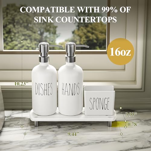Kitchen Soap Dispenser Set Comes with Ceramics Sponge Holder (Silver + White + Sponge Holder)