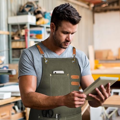 Chef Apron for Men Women Canvas Aprons with 3 Pockets Cross Back Resistant Work Apron for Cooking Grilling Baking BBQ Barber Kitchen (Olive)