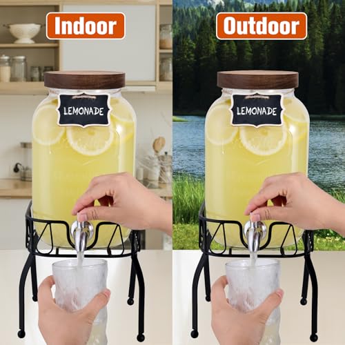 1 Gallon Glass Drink Dispenser for Parties with Stand & Acacia Lid (Single, with Stand)