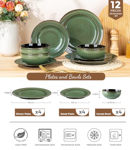 Ceramic Dinnerware Sets for 4 (Modern -Emboss Green / Service for 4 (12 Pcs))