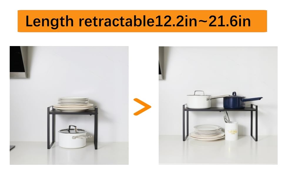 2 Pack Expandable Cabinet Shelf Organizer Riser for Kitchen Pantry Cupboard Under Sink Countertop (8.2''D * 12.2-21.6''W * 10.4''H(2 Pack) / Black)