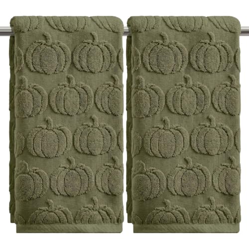 2 Pcs Olive Green 3D Pumpkin Jacquard Hand Towels for Bathroom (13.7" x 29.5", 2PCS / Olive Green)