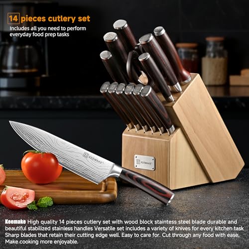 14 Pcs Kitchen Knife Set with Block (Red)