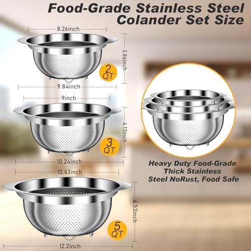 Colander Stainless Steel Colander for Kitchen (5QT+3QT+2QTColander)