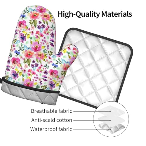 Floral Oven Mitts and Pot Holders Sets Spring Summer Kitchen Mitts Colorful Blossom Potholders 2PCS Wildflower Oven Gloves Hot Pads for Kitchen Baking Cooking (Multicolor Spring Summer Flowers)