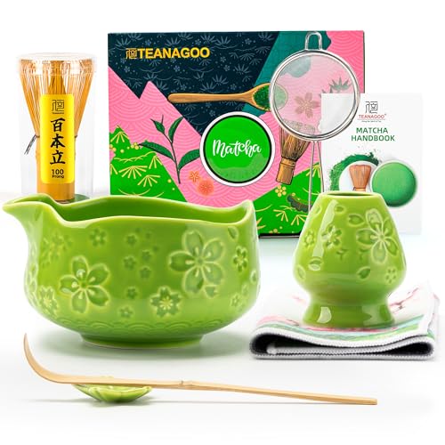 7 PCS Green Matcha Whisk Set (Green Cherry Blossom / 7 pcs/set, Bowl with Pouring Spout)