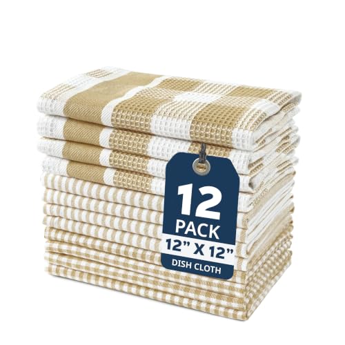 100% Cotton Kitchen Dish Cloths (12"x12" - 12 Pack / 03: Beige)