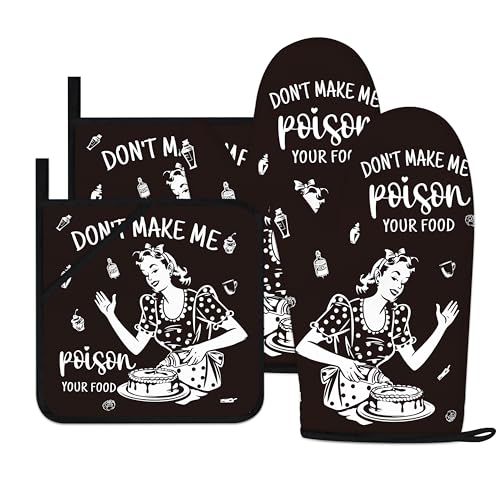 Funny Oven Mitts and Pot Holders Sets Black Kitchen Accessories Cute Kitchen Decor Funny House Warming Gifts Heat Resistant Cooking Baking Gifts for Women (Oven Mitts & Pot Holders / Black)