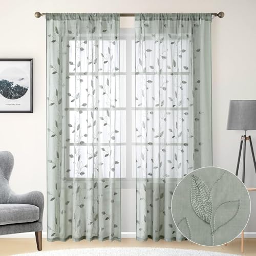 Sage Green Sheer Curtains Leaf Embroidered (52"W x 84"L (Pack of 2) / 1-sage Green)