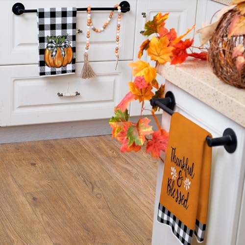 Pumpkin Fall Kitchen Towels Set of 4 for Decor Buffalo Plaid (Orange)