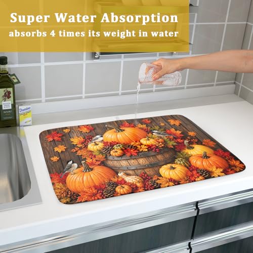 Autumn Dish Drying Mat for Kitchen Countertop Fall Pumpkin Maple Leaf Birds Dish Drainer Mats 18x24inch Rustic Wood Board Grain Dish Drying Rack Pad Protector for Dining Seasonal Decor (24" x 18")