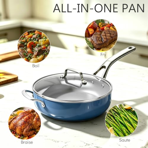 10-in-1 Blue Ceramic Nonstick Deep Saute Pan Set With Steamer & Lid, 4QT (Blue)