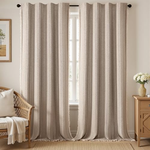 Khaki Brown Boho Blackout Curtains 96 Inch 2 Panels with Tassels (Khaki Brown / 52"W x 96"L (Pack of 2))