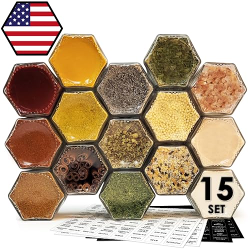15 Pack Magnetic Spice Jars for Refrigerator Hexagon Glass Spice Jars with Magnetic Lids (15 Set - 2 oz Jars)