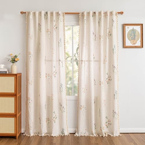 Floral Boho Farmhouse Curtains 84 Inches Long Linen Blend Spring Light Filtering Living (Flower / 50"W x 84"L (Pack of 2))