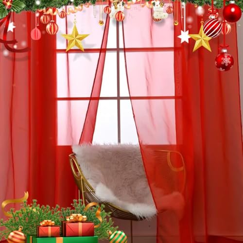 Basic Rod Pocket Sheer Voile Window Curtain Panels White 1 Pair 2 Panels 38 Width 72 Inch Long for Kitchen Bedroom Children Living Room Yard (Red / 38"W x 72"L (Pack of 2))